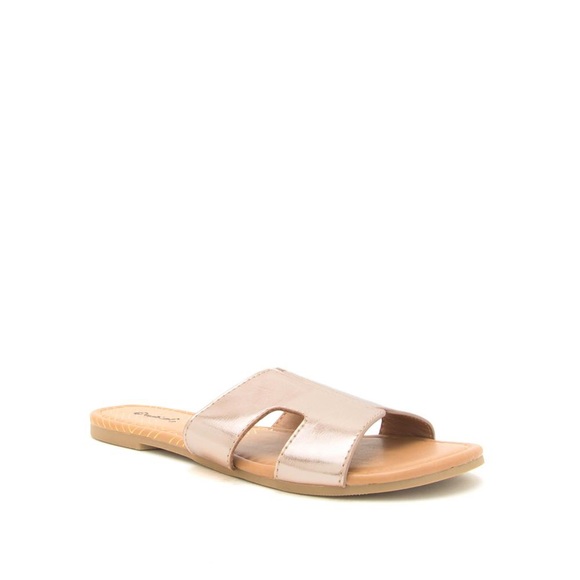 Rose Gold Metallic H Strap Slide Sandals Flat Slip On Summer Shoes - Picture 5 of 8